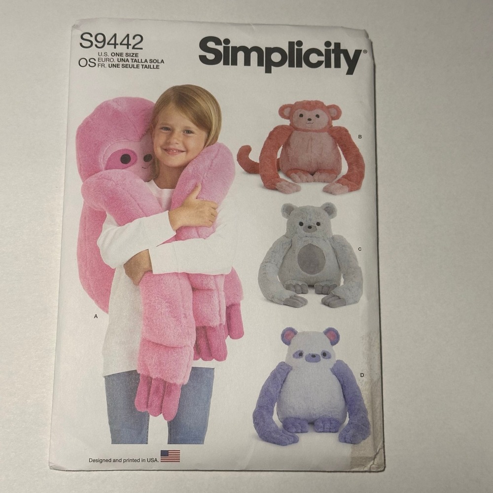 Simplicity Sewing Pattern S9442 Hugging Plush Animals OS Uncut Factory Folded